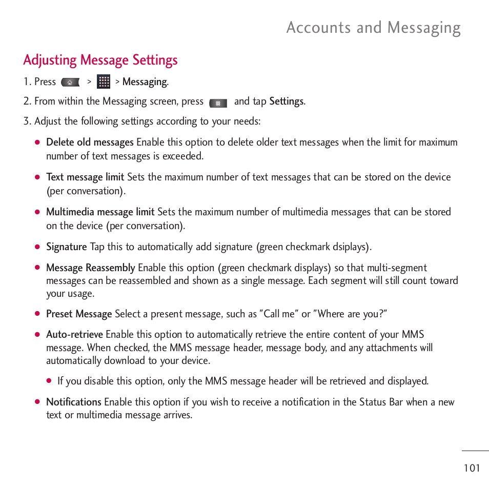 Accounts and messaging, Adjusting message settings | LG LGVM701 User Manual | Page 103 / 221