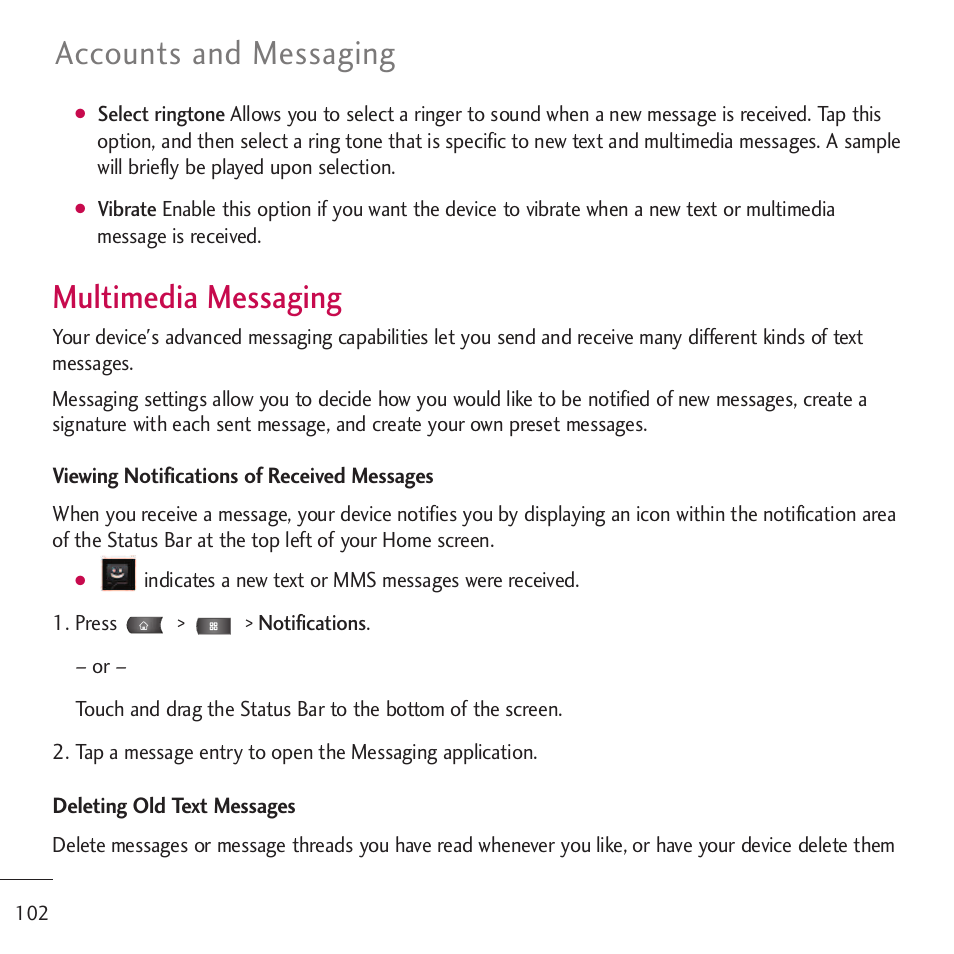 Multimedia messaging, Accounts and messaging | LG LGVM701 User Manual | Page 104 / 221