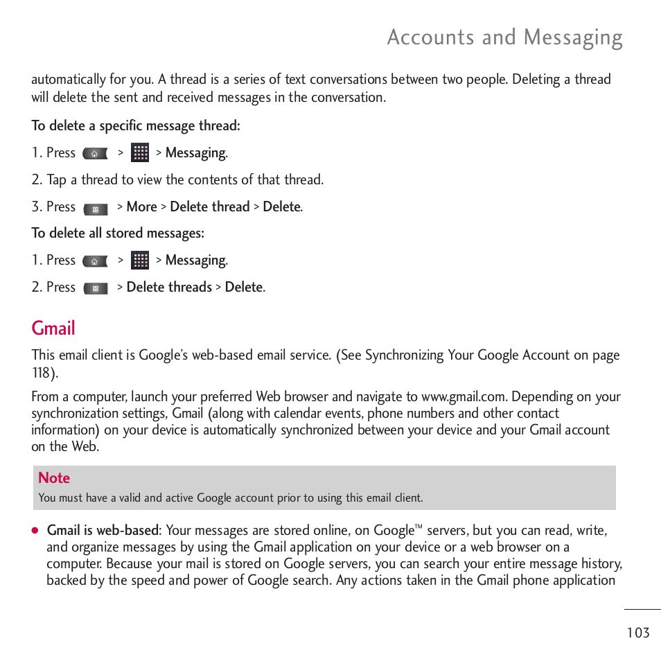 Accounts and messaging, Gmail | LG LGVM701 User Manual | Page 105 / 221