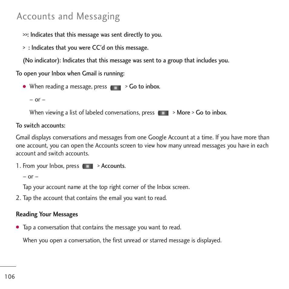 Accounts and messaging | LG LGVM701 User Manual | Page 108 / 221