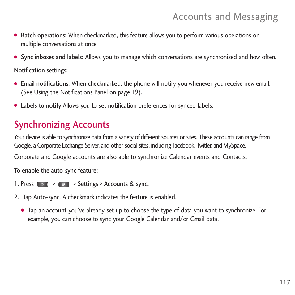 Synchronizing accounts, Accounts and messaging | LG LGVM701 User Manual | Page 119 / 221