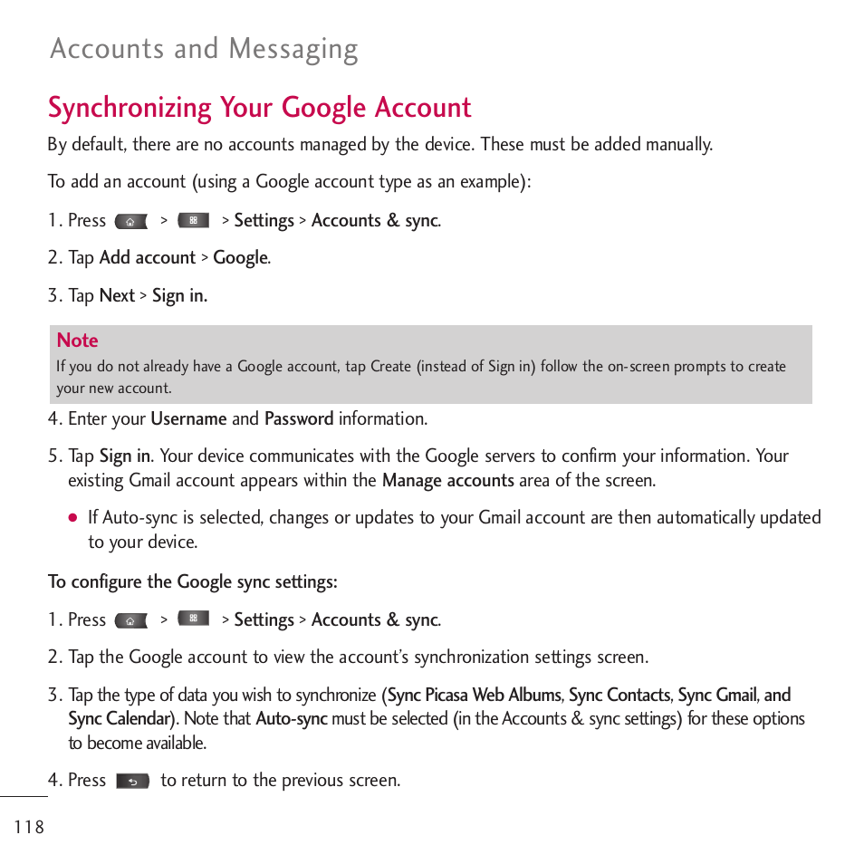 Synchronizing your google ac, Synchronizing your google account, Accounts and messaging | LG LGVM701 User Manual | Page 120 / 221