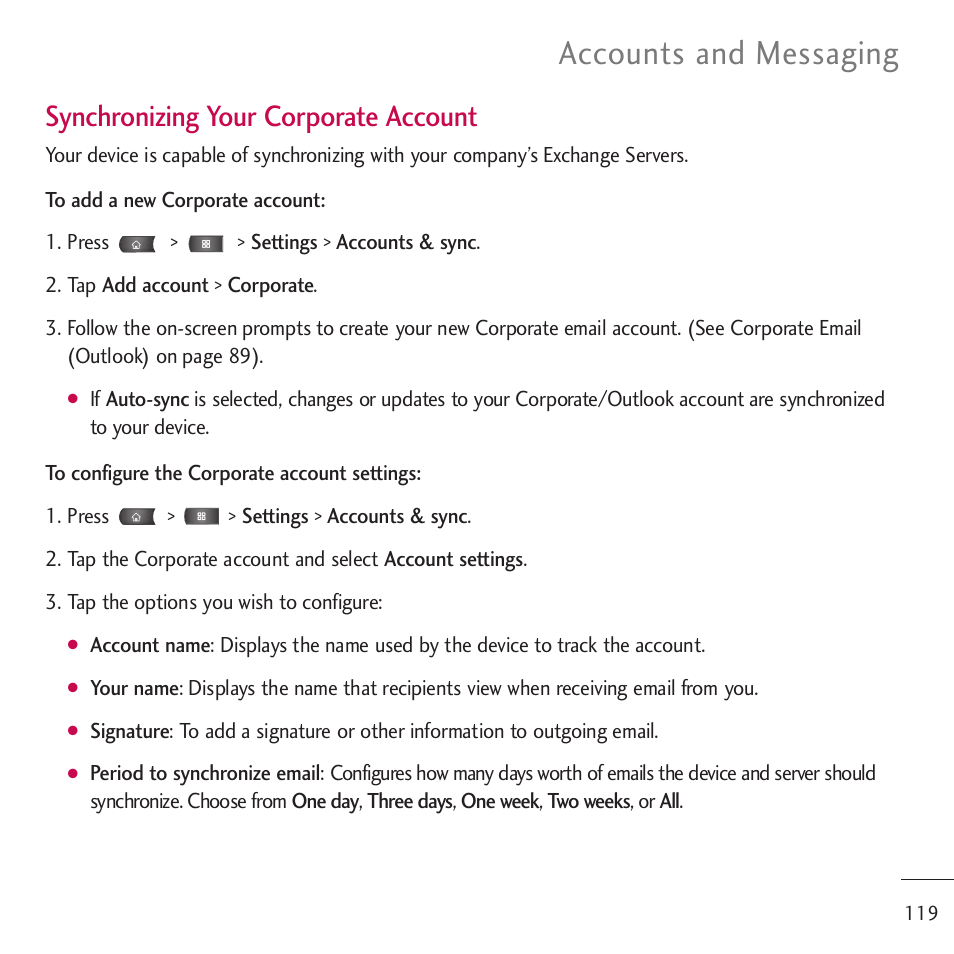 Accounts and messaging, Synchronizing your corporate account | LG LGVM701 User Manual | Page 121 / 221