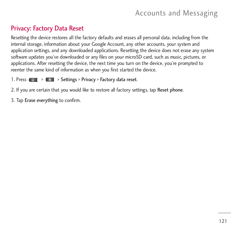 Accounts and messaging, Privacy: factory data reset | LG LGVM701 User Manual | Page 123 / 221