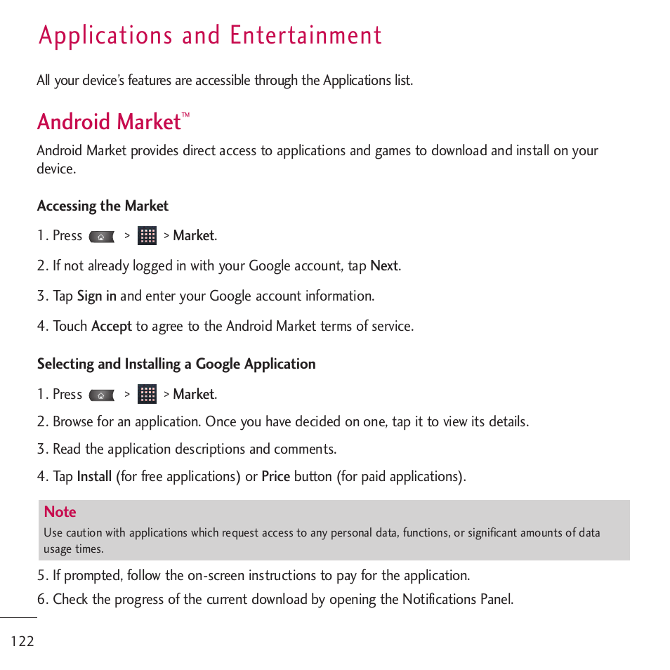 Applications and entertainment, Android market | LG LGVM701 User Manual | Page 124 / 221