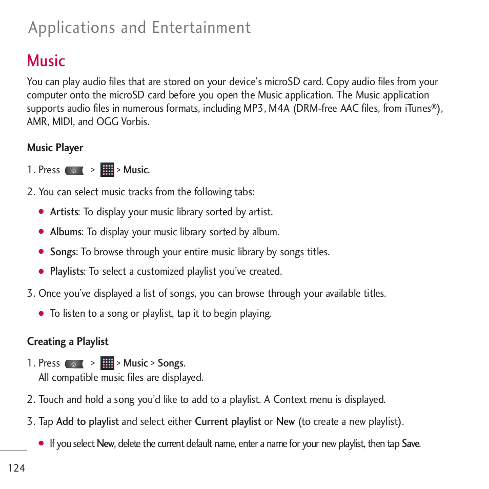 Music, Applications and entertainment | LG LGVM701 User Manual | Page 126 / 221