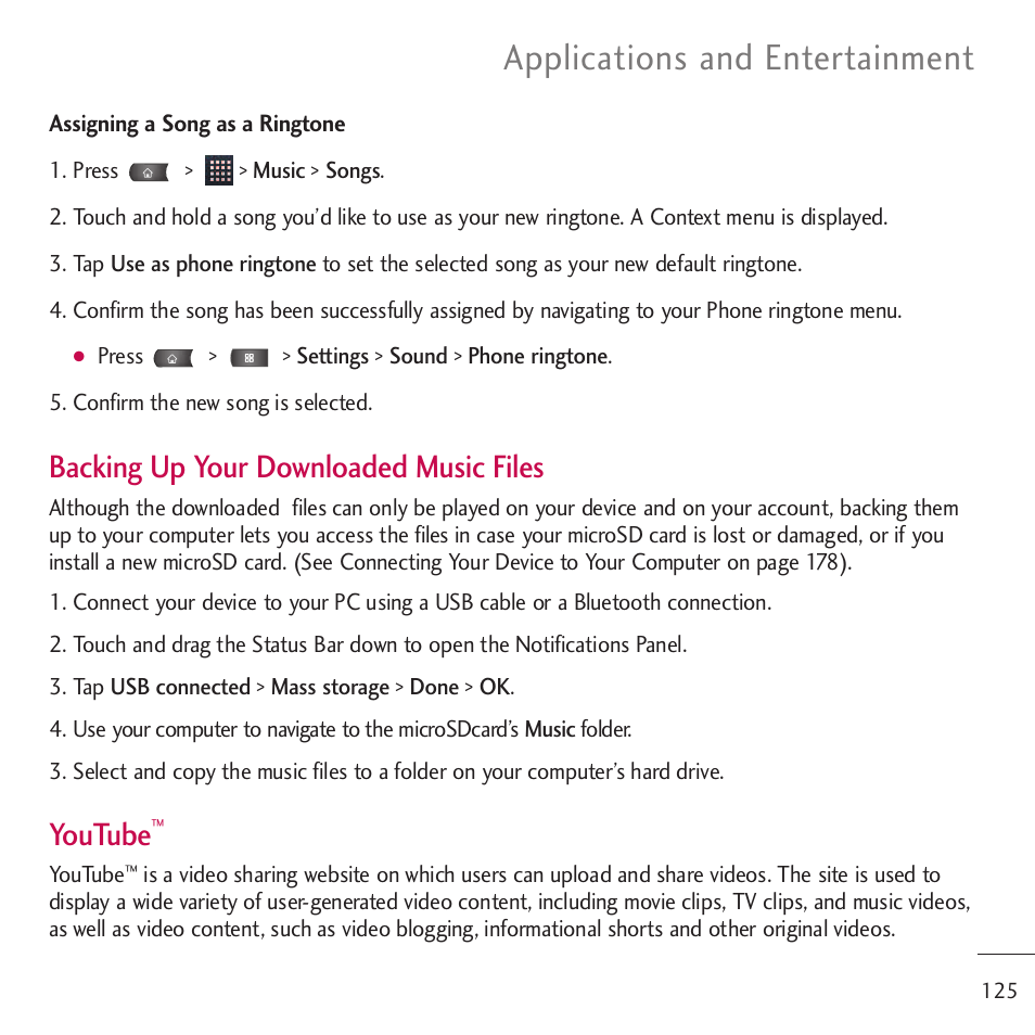 Applications and entertainment, Backing up your downloaded music files, Youtube | LG LGVM701 User Manual | Page 127 / 221