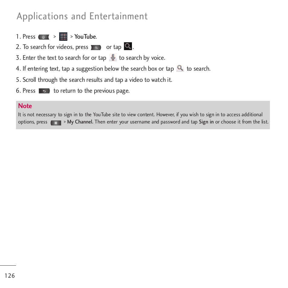 Applications and entertainment | LG LGVM701 User Manual | Page 128 / 221