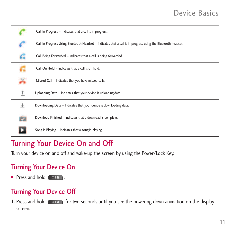 Turning your device on and off, Device basics, Turning your device on | Turning your device off | LG LGVM701 User Manual | Page 13 / 221