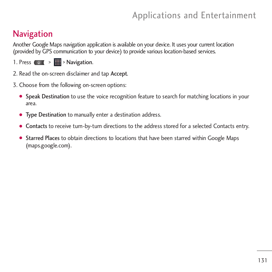 Navigation, Applications and entertainment | LG LGVM701 User Manual | Page 133 / 221