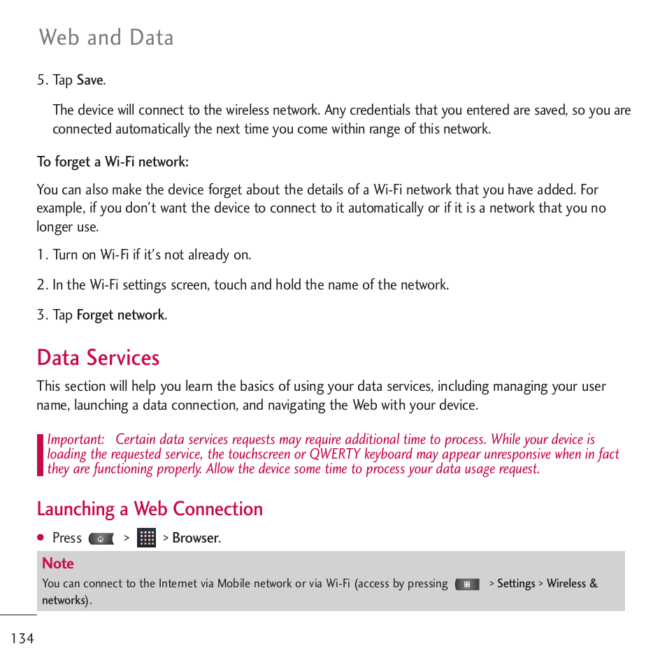 Data services, Web and data, Launching a web connection | LG LGVM701 User Manual | Page 136 / 221