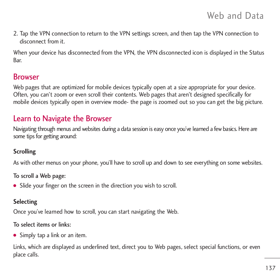 Web and data, Browser, Learn to navigate the browser | LG LGVM701 User Manual | Page 139 / 221