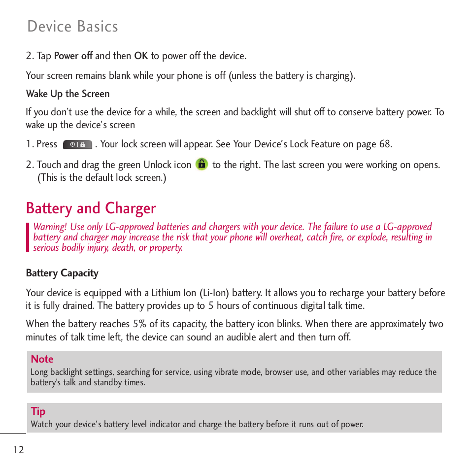 Battery and charger, Device basics | LG LGVM701 User Manual | Page 14 / 221