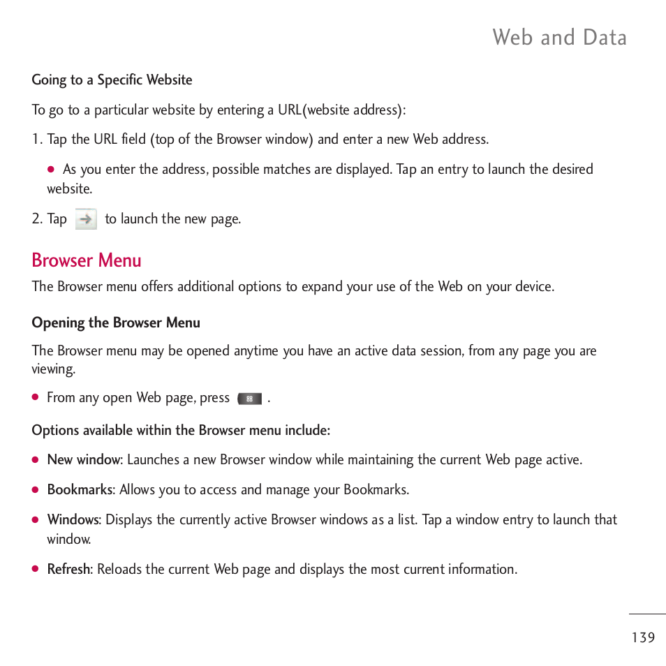 Web and data, Browser menu | LG LGVM701 User Manual | Page 141 / 221