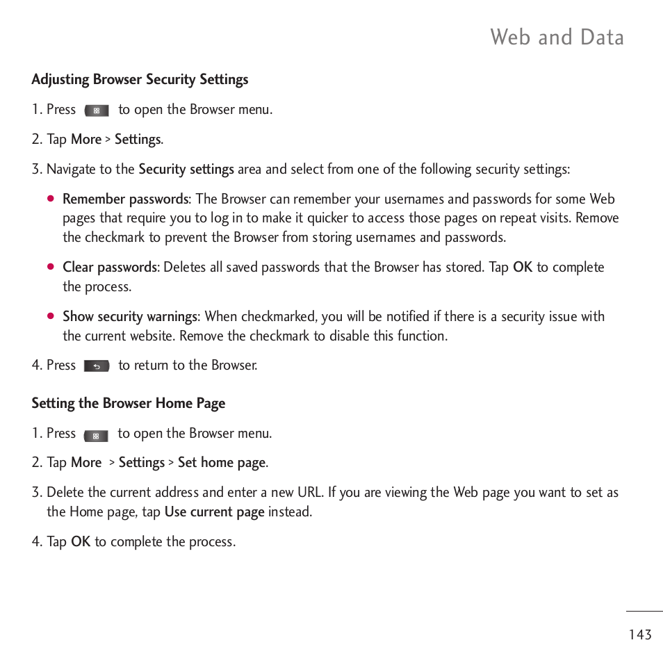 Web and data | LG LGVM701 User Manual | Page 145 / 221