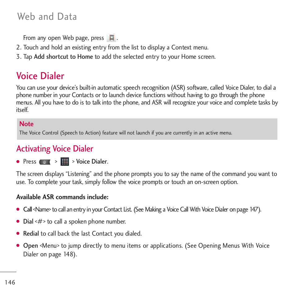 Voice dialer, Web and data, Activating voice dialer | LG LGVM701 User Manual | Page 148 / 221