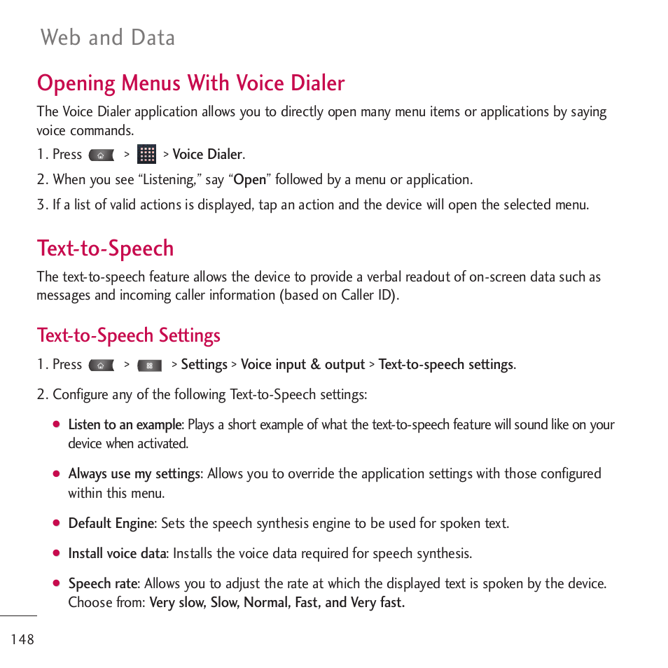 Opening menus with voice dialer, Text-to-speech, Web and data | Text-to-speech settings | LG LGVM701 User Manual | Page 150 / 221