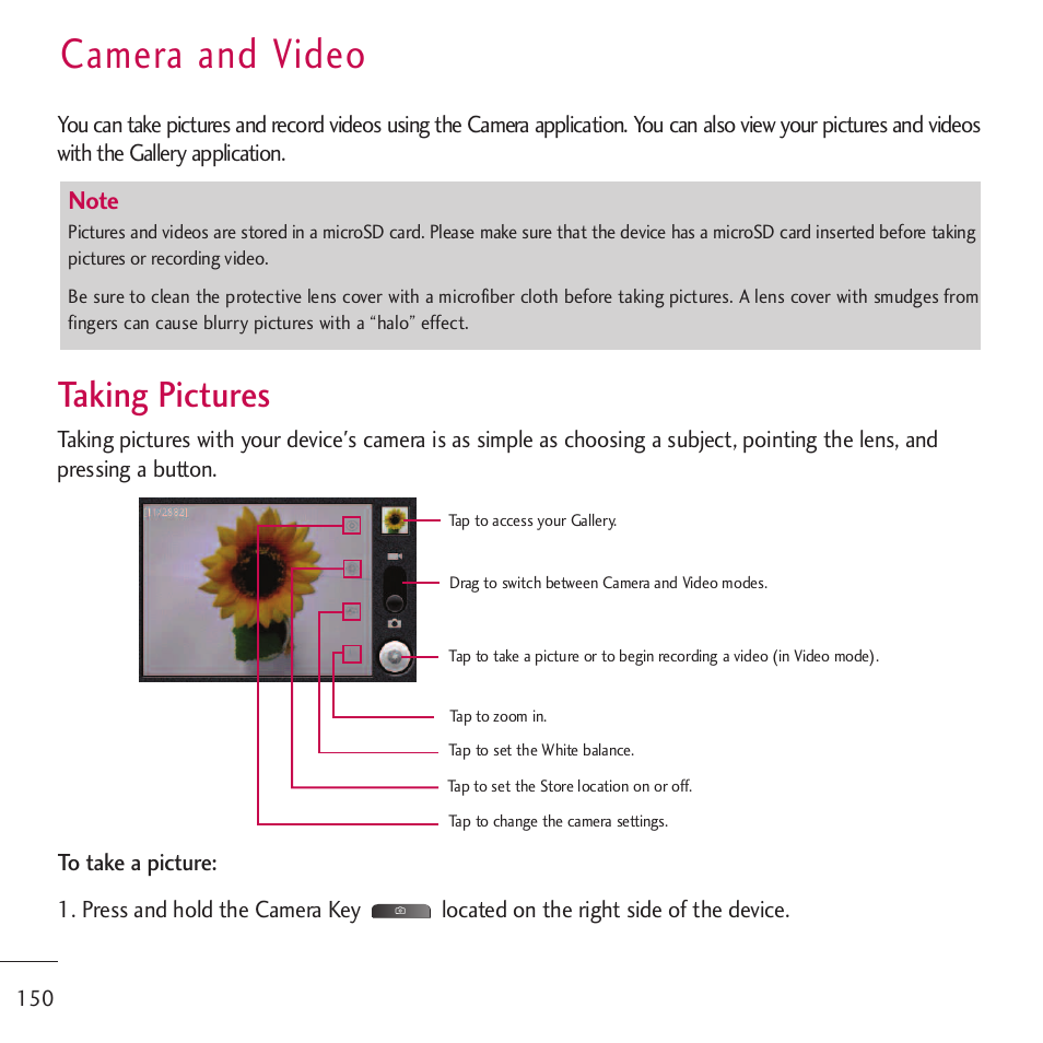 Camera and video, Taking pictures | LG LGVM701 User Manual | Page 152 / 221