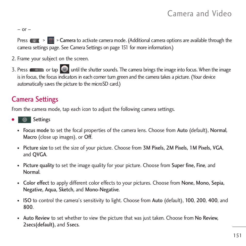 Camera and video, Camera settings, Settings | LG LGVM701 User Manual | Page 153 / 221