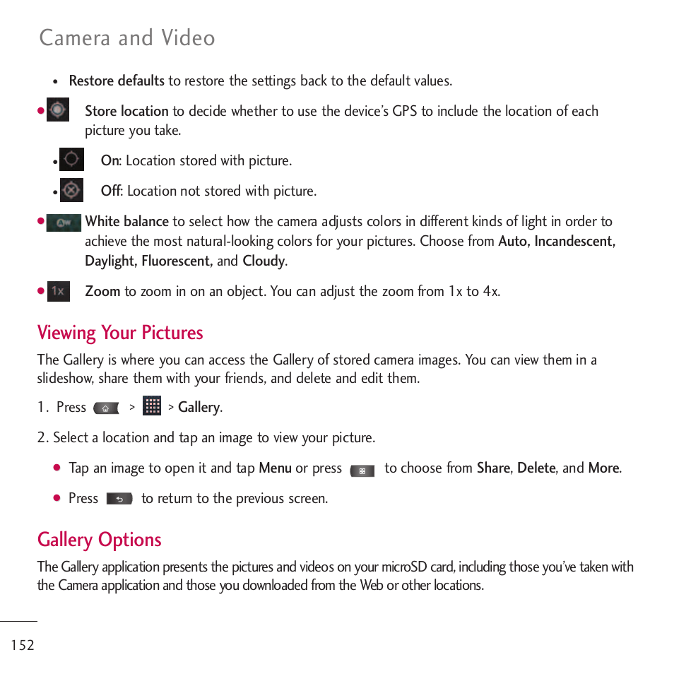 Camera and video, Viewing your pictures, Gallery options | On: location stored with picture, Off: location not stored with picture, Press to return to the previous screen | LG LGVM701 User Manual | Page 154 / 221