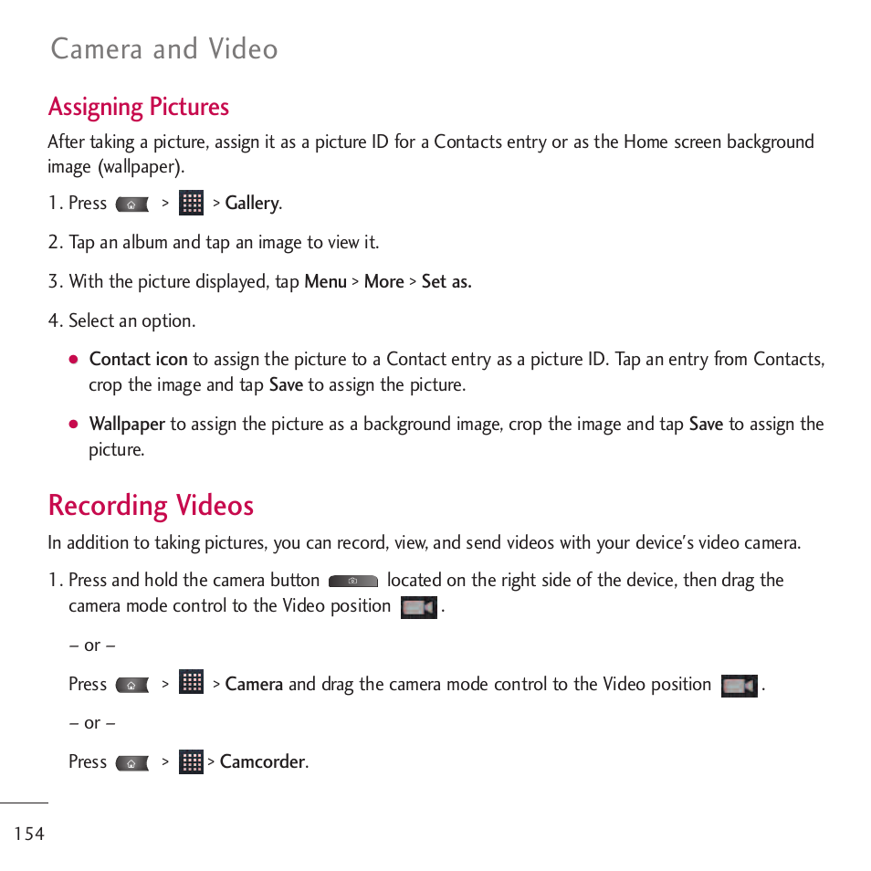 Recording videos, Camera and video, Assigning pictures | LG LGVM701 User Manual | Page 156 / 221