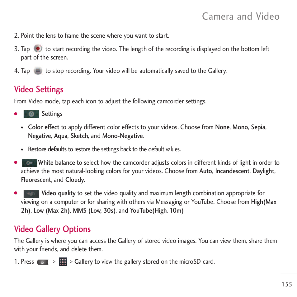 Camera and video, Video settings, Video gallery options | LG LGVM701 User Manual | Page 157 / 221