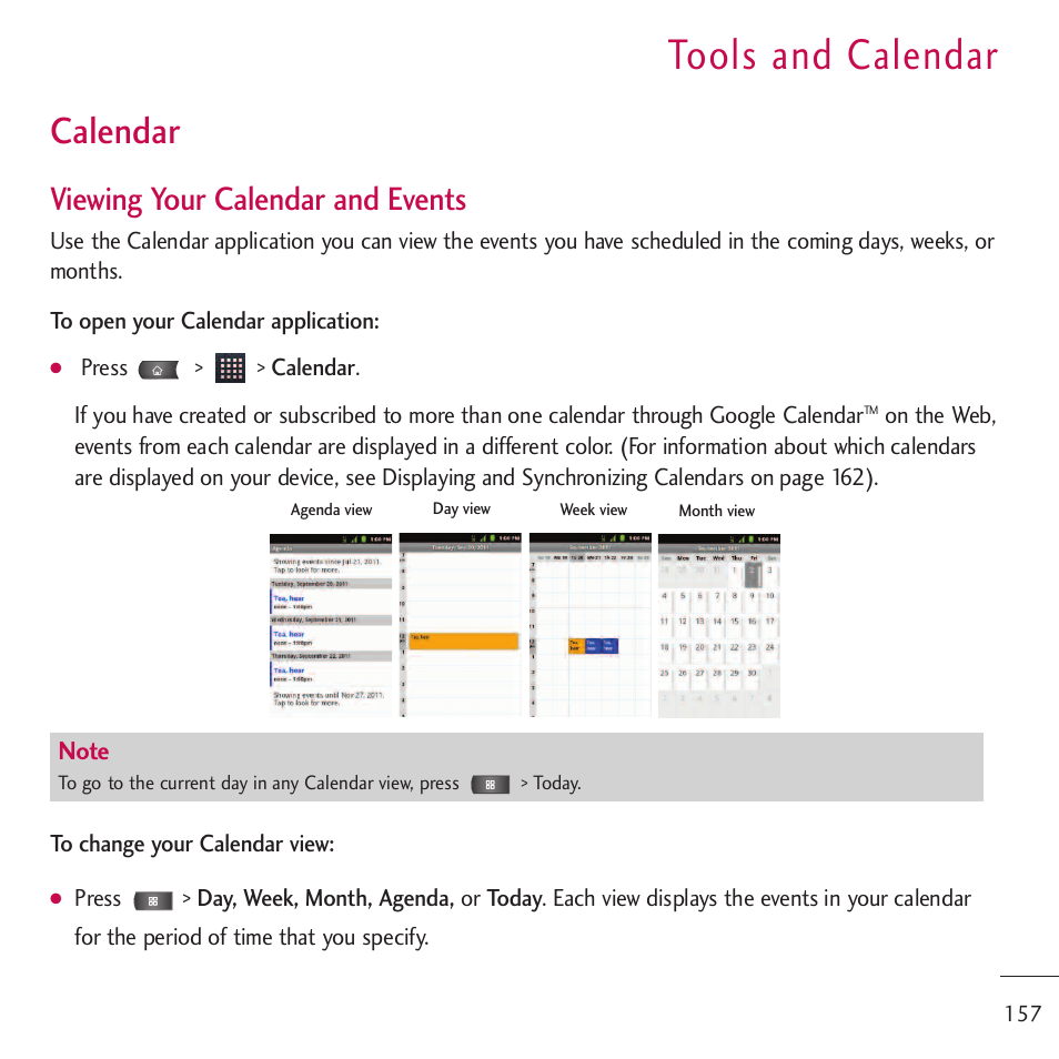 Tools and calendar, Calendar, Viewing your calendar and events | LG LGVM701 User Manual | Page 159 / 221