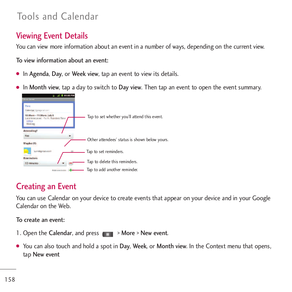 Tools and calendar, Viewing event details, Creating an event | LG LGVM701 User Manual | Page 160 / 221