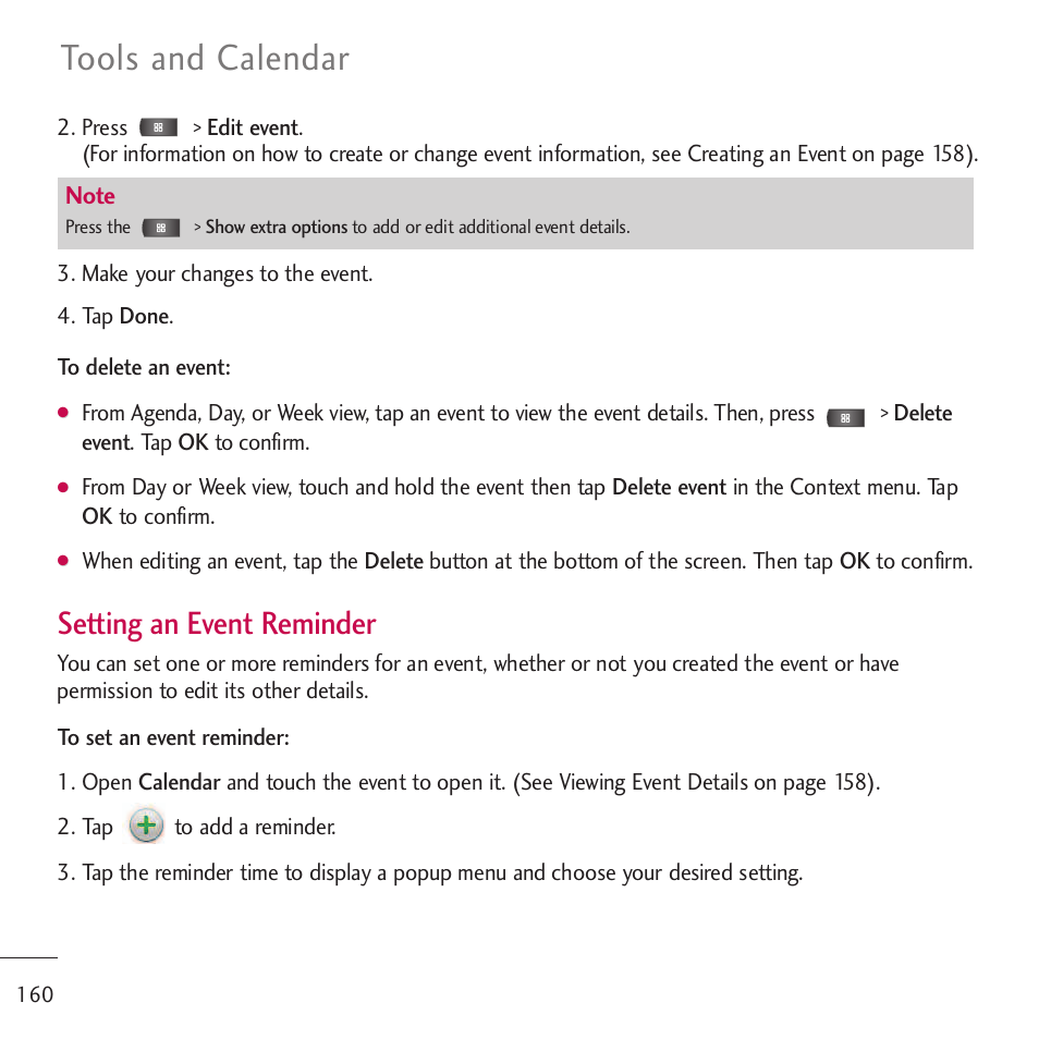 Tools and calendar, Setting an event reminder | LG LGVM701 User Manual | Page 162 / 221