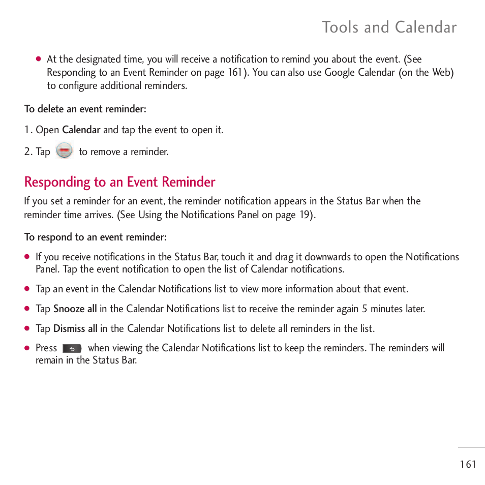 Tools and calendar, Responding to an event reminder | LG LGVM701 User Manual | Page 163 / 221