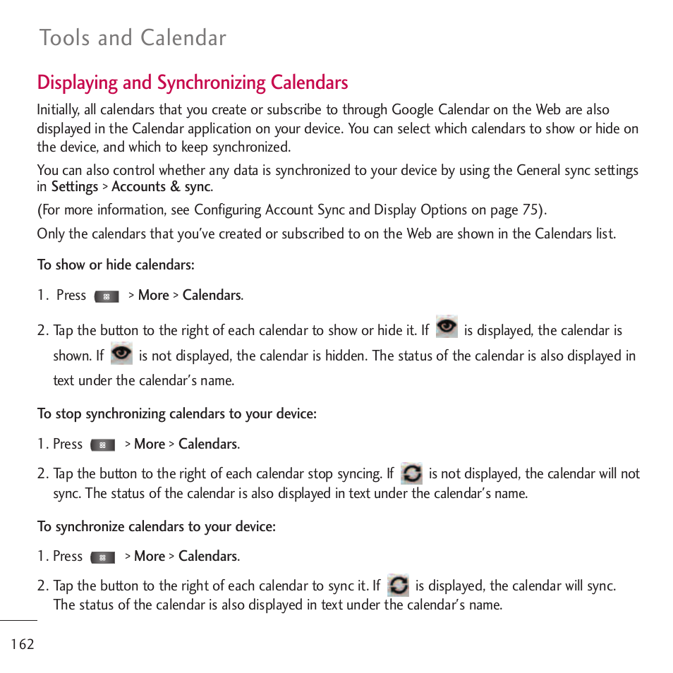 Tools and calendar, Displaying and synchronizing calendars | LG LGVM701 User Manual | Page 164 / 221