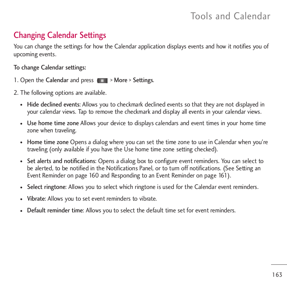 Tools and calendar, Changing calendar settings | LG LGVM701 User Manual | Page 165 / 221