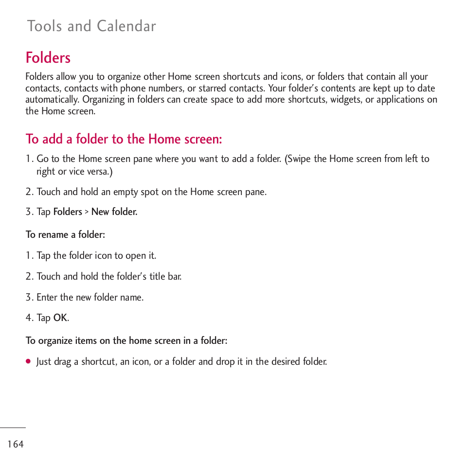 Folders, Tools and calendar | LG LGVM701 User Manual | Page 166 / 221