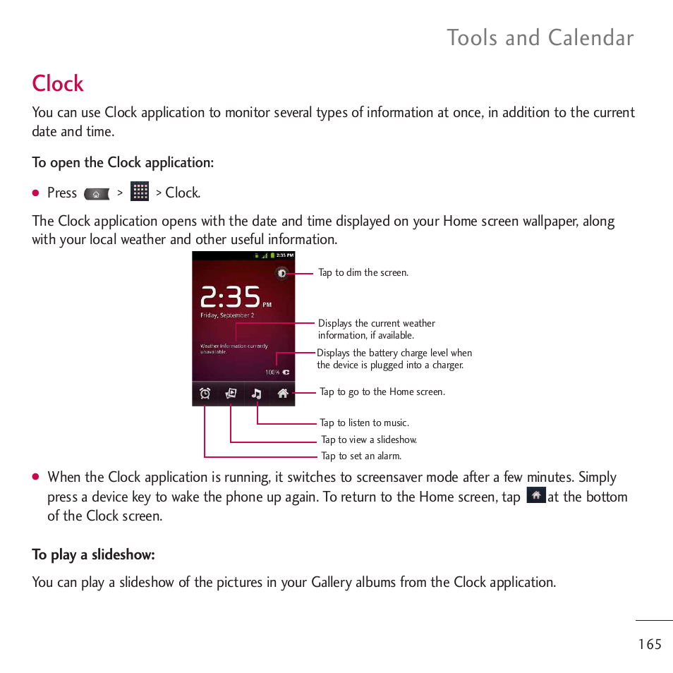 Clock, Tools and calendar | LG LGVM701 User Manual | Page 167 / 221