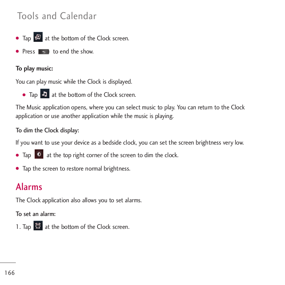 Alarms, Tools and calendar | LG LGVM701 User Manual | Page 168 / 221