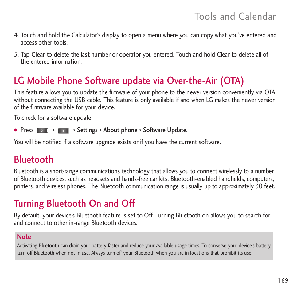 Lg mobile phone software upd, Bluetooth, Turning bluetooth on and off | Tools and calendar | LG LGVM701 User Manual | Page 171 / 221