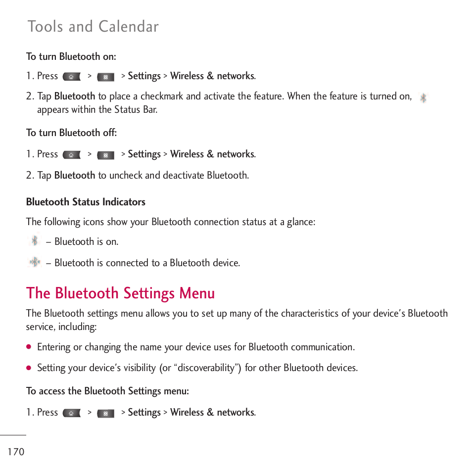 The bluetooth settings menu, Tools and calendar | LG LGVM701 User Manual | Page 172 / 221