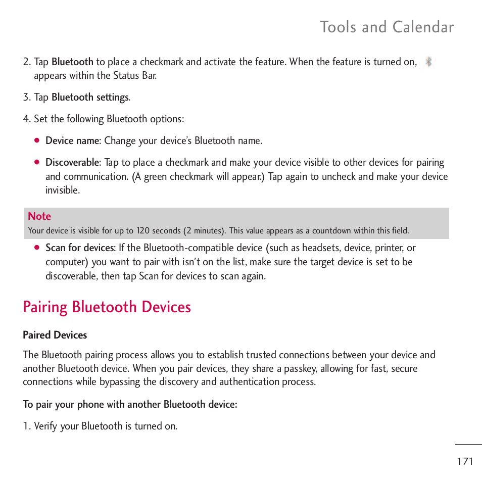 Pairing bluetooth devices, Tools and calendar | LG LGVM701 User Manual | Page 173 / 221