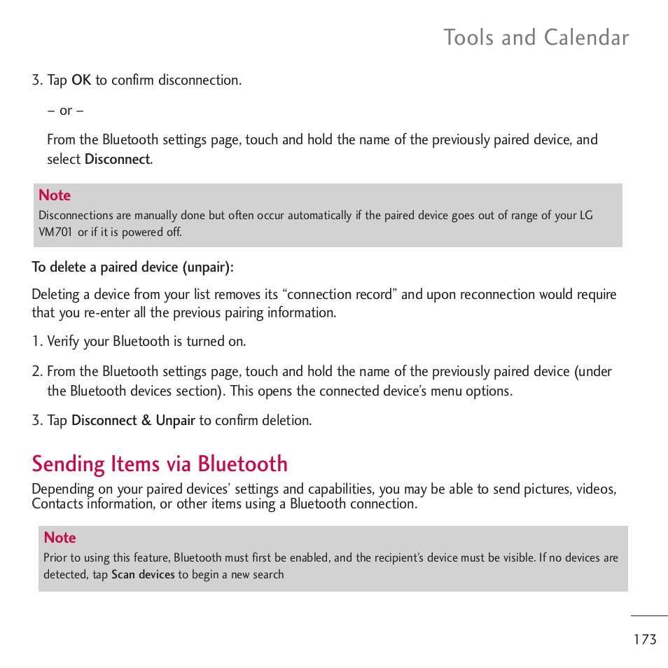 Sending items via bluetooth, Tools and calendar | LG LGVM701 User Manual | Page 175 / 221