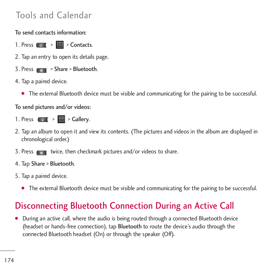 Disconnecting bluetooth conn, Tools and calendar | LG LGVM701 User Manual | Page 176 / 221