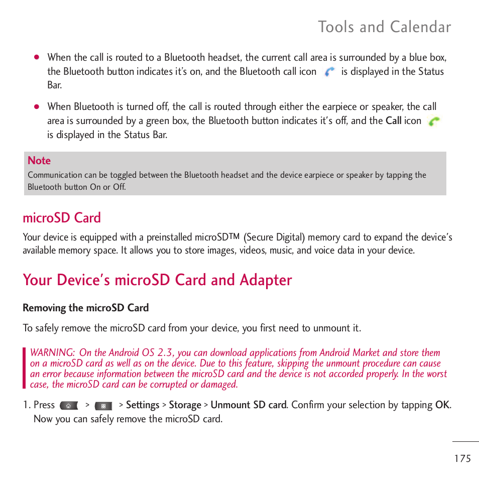 Your device's microsd card a, Your device's microsd card and adapter, Tools and calendar | Microsd card | LG LGVM701 User Manual | Page 177 / 221