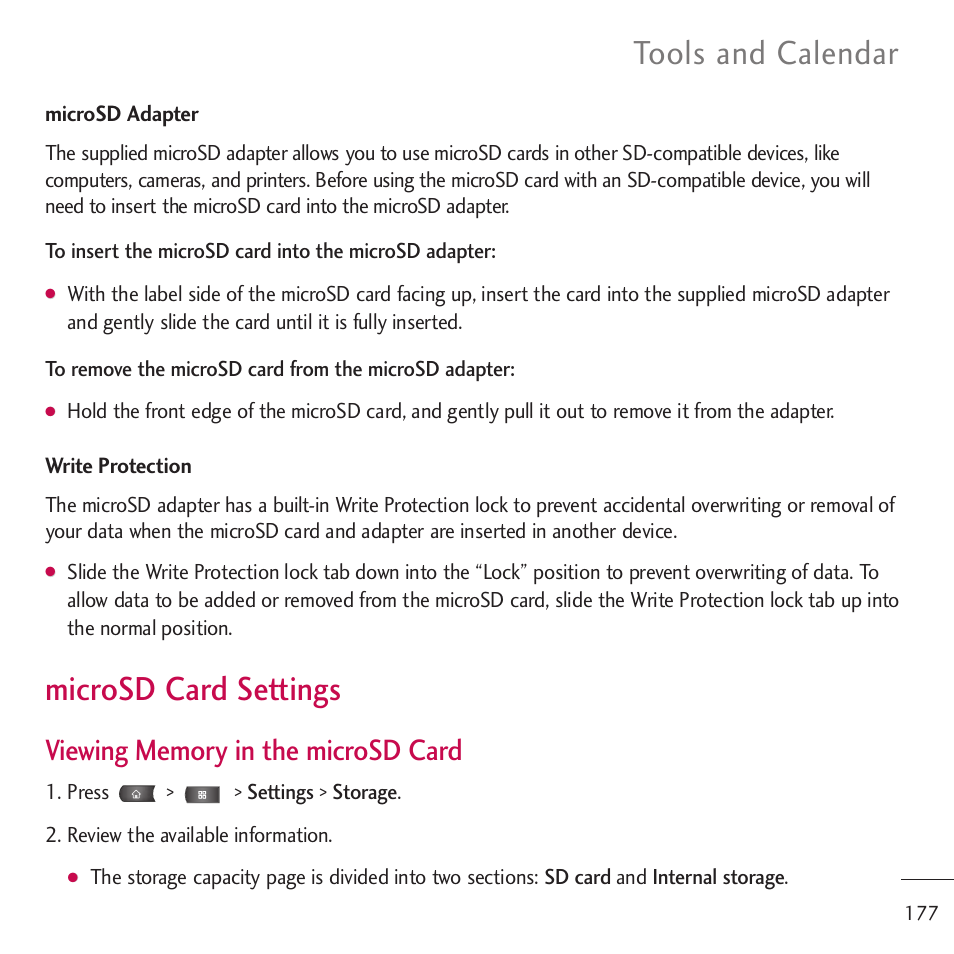 Microsd card settings, Tools and calendar | LG LGVM701 User Manual | Page 179 / 221