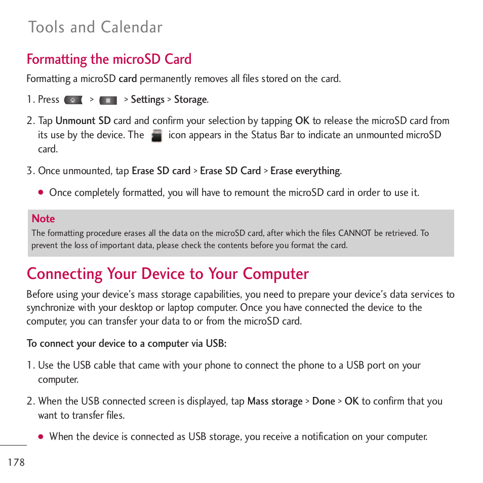 Connecting your device to yo, Connecting your device to your computer 178, Connecting your device to your computer | Tools and calendar, Formatting the microsd card | LG LGVM701 User Manual | Page 180 / 221