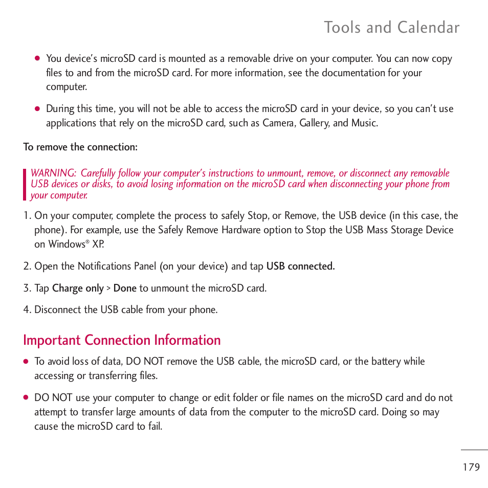 Tools and calendar, Important connection information | LG LGVM701 User Manual | Page 181 / 221