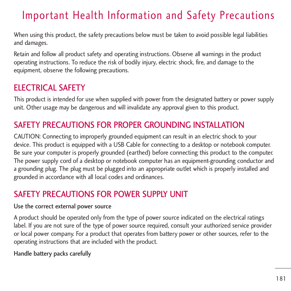 Important health information, Electrical safety, Safety precautions for power supply unit | LG LGVM701 User Manual | Page 183 / 221