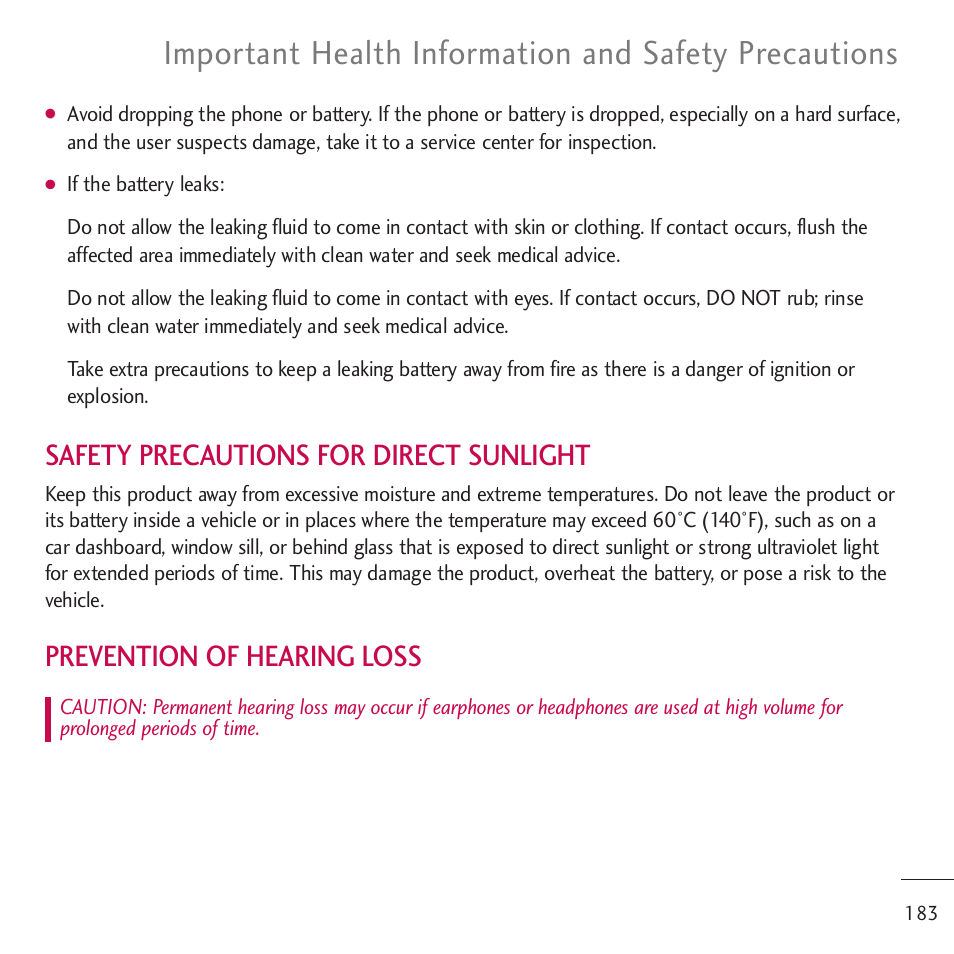 Safety precautions for direct sunlight, Prevention of hearing loss | LG LGVM701 User Manual | Page 185 / 221