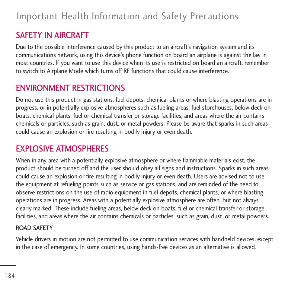 Safety in aircraft, Environment restrictions, Explosive atmospheres | LG LGVM701 User Manual | Page 186 / 221