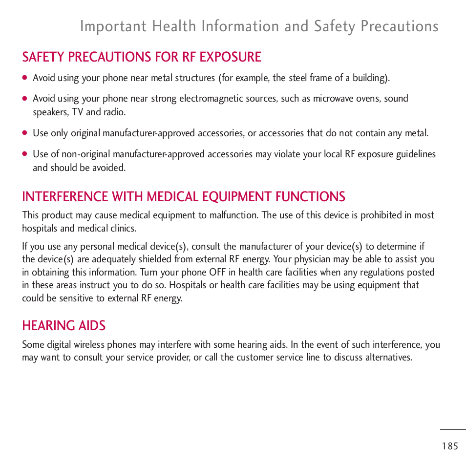 Safety precautions for rf exposure, Interference with medical equipment functions, Hearing aids | LG LGVM701 User Manual | Page 187 / 221