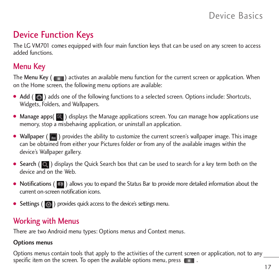 Device function keys, Device basics device function keys, Menu key | Working with menus | LG LGVM701 User Manual | Page 19 / 221