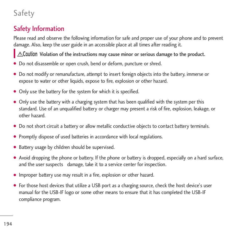 Safety, Safety information, Caution | Battery usage by children should be supervised | LG LGVM701 User Manual | Page 196 / 221